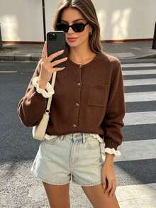 Women's Casual Bow Button Patchwork Contrast Color Pocket Knit Cardigan, Autumn/Winter - Coffee Brown - View 9