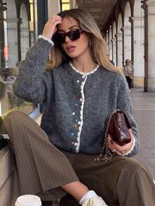 Women's Soft Plush Cardigan Sweater, Round Neck Colorful Button Knit Top, Suitable For Christmas, Halloween, Thanksgiving - Dark Grey - View 1
