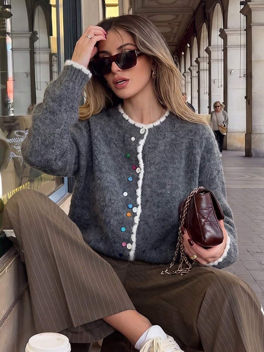 Women's Soft Plush Cardigan Sweater, Round Neck Colorful Button Knit Top, Suitable For Christmas, Halloween, Thanksgiving - Dark Grey - View 1