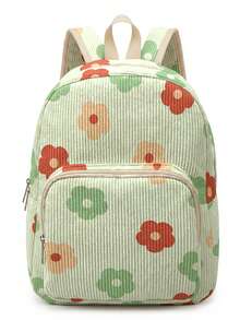 1 Piece Backpack, Women's Mini Backpack, Corduroy Girl's School Bag, Travel Storage Bag, Flower‑Printed Design, Large‑Capacity Foldable Easy‑To‑Store Bag, Lightweight And Pressure‑Relieving, Multi‑Pocket Layered Design With Zipper Closure - Cartoon Flower 22967 - View 5