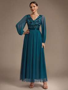 EVERPRETTY Elegant Luxury Heavy Beaded Embroidery Mesh Patchwork Long Sleeve Duck Blue Formal Evening Gown Suitable For Party Wedding Guest - Teal Blue - View 6
