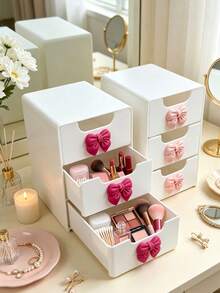 Pink Bow Decor Mini Desktop Drawer Storage Box, Multi-Layer Plastic Jewelry & Cosmetic Organizer, Non-Electric Desktop Organizer, Suitable For Vanity, Bedroom, Office, Can Store Various Daily Necessities, Fits Home, Makeup Table, Living Room Scenes For Decoration - Multicolor - View 5