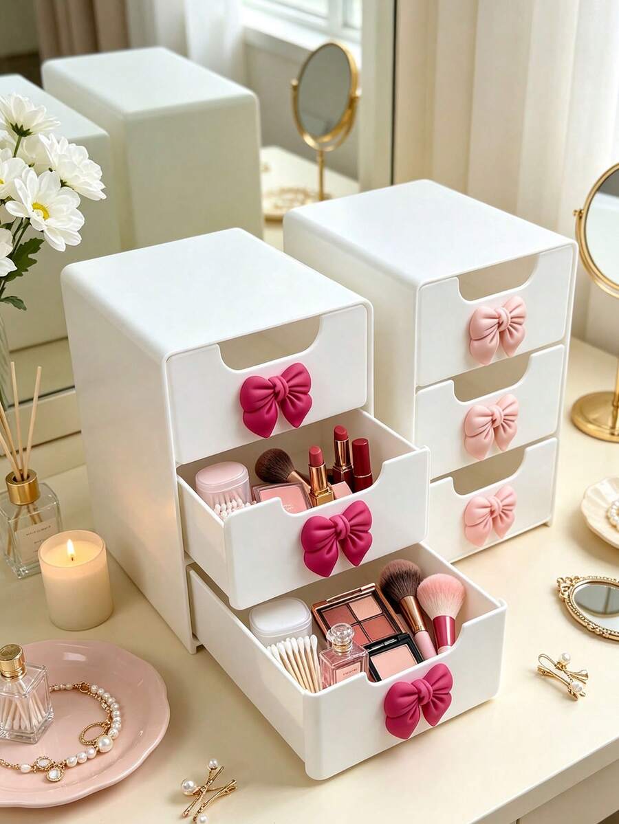 Pink Bow Decor Mini Desktop Drawer Storage Box, Multi-Layer Plastic Jewelry & Cosmetic Organizer, Non-Electric Desktop Organizer, Suitable For Vanity, Bedroom, Office, Can Store Various Daily Necessities, Fits Home, Makeup Table, Living Room Scenes For Decoration - Multicolor - View 1