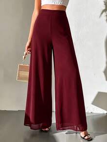 SUNSTORY Women's All-Season Versatile Fashion Casual Street Vacation Style Oversized High Waist Wide Leg Chiffon Pants, Suitable For Commuting, Outings, School Dance - Burgundy - View 4