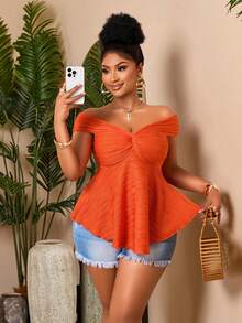 BIUBIU Chic Plus Size Off Shoulder Orange Blouse, Fitted Peplum Top With Twist Detail And Flared Hem, Short Cold Shoulder Sleeves For Women - Orange - View 3