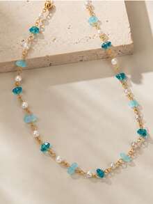 1pc Bohemian Fashion Gradient Asymmetrical Faux Pearl Beaded Necklace For Women, Suitable For Daily Wear, Vacation, Commuting, Party (Crushed Stone Color, Quantity And Shape Random) - Multicolor - View 4