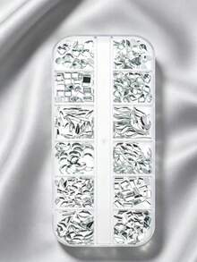 1 Set Silver Irregular Nail Art Rhinestone Kit, 12-Grid Assorted Cat Eye, Teardrop, Square, Long Strip, Crescent, Rhombus Flat-Back Rhinestones With Dotting Tool, Super Shiny Glass Rhinestone Decorative Accessories, Versatile Nail Decoration, Wearable Nail DIY Craft Materials, Atmospheric Luxury Sparkling Nail Art Accessories, Exquisite Salon-Style Nail Accessories - Silver - View 7