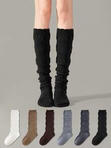 ZUJO 1 Pair Sweet Women's Hollow Lace Calf Socks, Slouchy Long Boot Socks, Preppy Style, Simple & Comfortable, Suitable For Spring, Autumn And Winter Wear - Multicolor - View 5