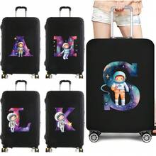 Elastic Luggage Cover, Cute Astronaut Galaxy Initial Print, Black Scratch-Resistant Luggage Protector, Travel Accessory, Luggage Not Included - Black - View 1