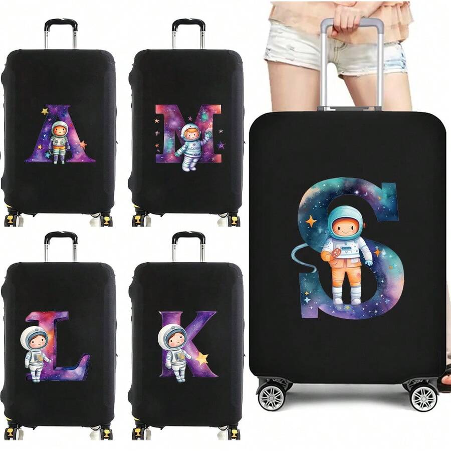 Elastic Luggage Cover, Cute Astronaut Galaxy Initial Print, Black Scratch-Resistant Luggage Protector, Travel Accessory, Luggage Not Included - Black - View 1