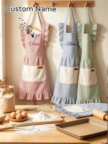 1pc Personalized Ruffle Apron, Adjustable Striped Kitchen Apron (With Pockets), Customized Baking Apron, Farmhouse Kitchen Accessory, Vintage Women'S Apron, Home Cooking Apron, Barista Apron, Handmade Style Kitchen Gift, Housewarming Gift - Multicolor - View 3