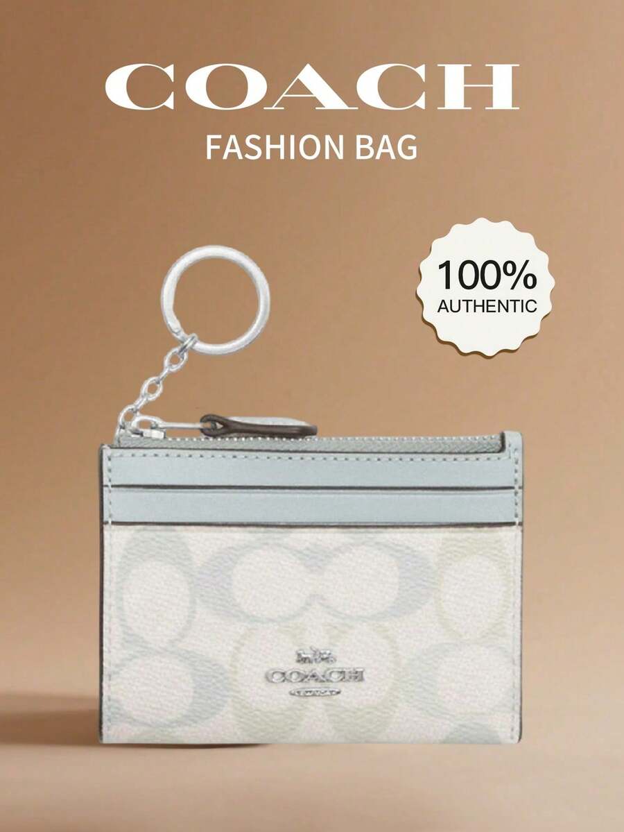 Coach Women's Signature Canvas Print Ultra-Thin Zipper ID Card Wallet, Credit Card Holder With Pockets - Light Blue - View 1