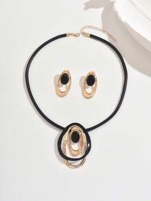 3pcs/Set Retro Geometric Oval Black Golden Pendant Necklace +Earrings , Contrast Color Rope Chain Women's Jewelry For Party Daily Wear Vacation Dates - Gold Black - View 3