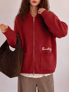 Women's Autumn/Winter Minimalist Letter Embroidered Knit Cardigan Jacket - Red - View 3