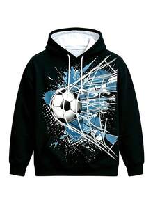 Men's Football Torn Net Print Sweatshirt, Blue Splatter Ink Sports Art Drawstring Kangaroo Pocket Pullover, Long Sleeve Loose Streetwear Sweatshirt - Black - View 3