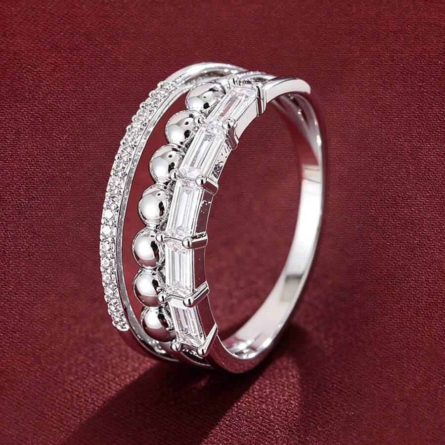 1pc Geometric Round Design Cubic Zirconia Inlaid Fashion Ring For Women - Multicolor - View 1
