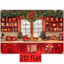 2D Flat Background Cloth, Suitable For Christmas Kitchen Photography, Including Cabinets, Windows And Winter Snow Scene. Perfect For Christmas Family Party Decoration, New Year Photo Banner, Holiday Photography. - 1 - View 3