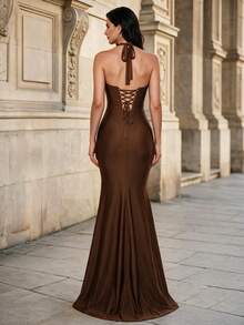 Gaun Malam Maxi Mermaid Bodycon Elastis Tinggi dengan Kerut Leher Sweetheart dan Tali Halter Elegan untuk Musim Gugur dan Dingin, Cocok untuk Pesta, Prom, Pernikahan dan Festival - Coffee Brown - View 3