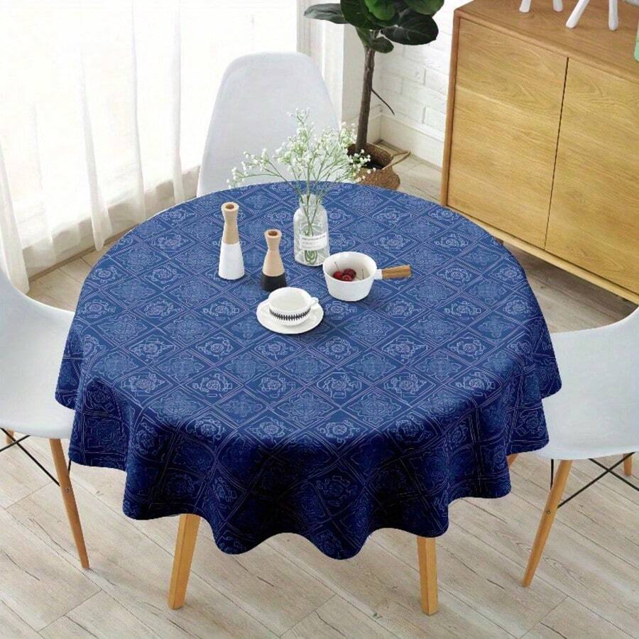 Round Navy Geometric Tablecloth, Classic Pattern Polyester Table Cover For Dining Table, Kitchen, Everyday Use, Modern Home Decor And Casual Family Dining Styling - A - View 1
