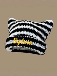 1pc Customized Striped Bucket Hat, Face-Covering Warm Bucket Hat, Cat Ear Ruffle Hat, Outdoor Autumn/Winter Hat, Simple Women's Sun Hat - Black - View 3