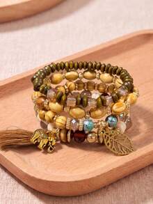 4pcs Bohemian Wooden Bead Layered Bracelets, Elephant Tassel Leaf Pendant Elastic Wristbands, Vintage Hand Jewelry - Brown - View 5