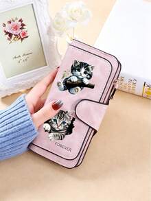 Gray Tabby Cat Design Retro Wallet, Two Fold Multi Zipper Separated Wallet, Coin Purse, Multiple Card Slots And Cash Compartments, Daily Commuting - Multicolor - View 12