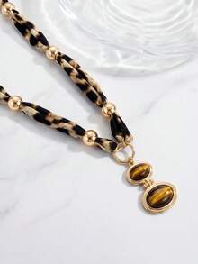1pc Minimalist Vintage Brown Rope With Double Layer Oval Brown Acrylic Pendant Necklace For Women, Suitable For Daily, Party, Vacation, Holiday Gift And Birthday Gift - Leopard - View 2