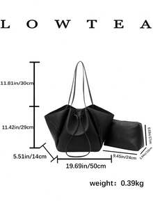 Low Tea 2件組純色PU布料女款休閒大容量托特包 BOOK Bag，雙手柄設計，磁吸開合，適合旅行、購物、約會，女性禮物，適合青少年女孩、大學生、職場新人與白領上班族，完美適用於辦公室、校園、工作、商務、通勤、戶外、旅行、出遊 - 黑色 - 查看 3