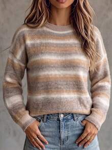 Plus Size Fashion Versatile Striped Color Block Long Sleeve Sweater Streetwear Preppy Style - Multicolor - View 2