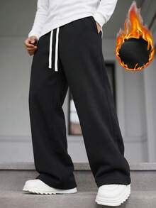 Men's Thermal Lined Wide Leg Sweatpants, Loose Drape With Drawstring, Elastic Waist, Street Casual Style Versatile, Autumn/Winter Essential Fashion Sports Long Pants - Black - View 8