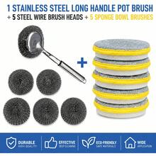 Stainless Steel Pot Brush With Handle, Household Pot Cleaning Tool, Non-Scratch Kitchen Cleaning Brush, Steel Wire Long Handle Dish Brush - Stainless Steel Pot Scrubber - View 13
