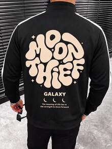 Men's Autumn/Winter Classic Patchwork Loose Drop Shoulder Zip-Up Collar Sweatshirt, Fashionable Essential Outfit Piece, Galaxy Series Element Design With Fashion Print - Black - View 2