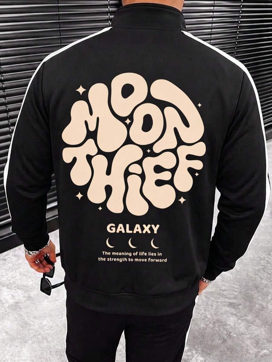 Men's Autumn/Winter Classic Patchwork Loose Drop Shoulder Zip-Up Collar Sweatshirt, Fashionable Essential Outfit Piece, Galaxy Series Element Design With Fashion Print