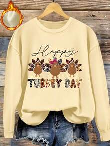 Es Trus Plus Autumn/Winter Women's "Thanksgiving Turkey Day" Pattern Printed Street Korean Retro Y2k Clothing Apricot Large Round Neck Sweatshirt - Apricot - View 1
