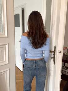 Sookaug Women's Slim Fit Cropped Ribbed Knit Sweater Off-The-Shoulder Long Sleeve Solid Color Top - Baby Blue - View 4