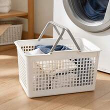 Plastic Laundry Basket With Double Handles And Ventilated Grid Design, Multipurpose Home Organizer, White And Grey, 50.5 X 33 X 29.5 Cm - White - View 1