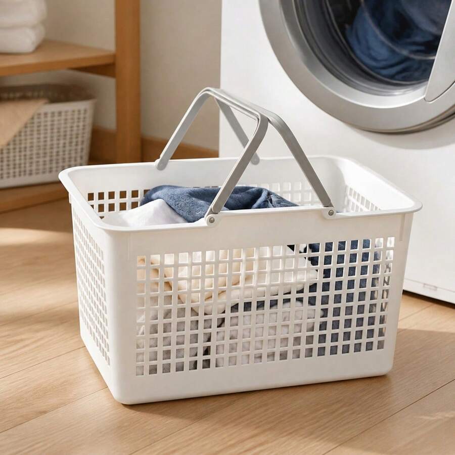 Plastic Laundry Basket With Double Handles And Ventilated Grid Design, Multipurpose Home Organizer, White And Grey, 50.5 X 33 X 29.5 Cm - White - View 1