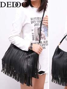 Dedoo Solid Color Textured PU Tassel Underarm Bohemian Bag, Large Capacity Long Tassel Metal Rotating Buckle, Bohemian Vintage Women's Underarm Bag, Suitable For Autumn/Winter Party & Daily Wear - Black - View 4