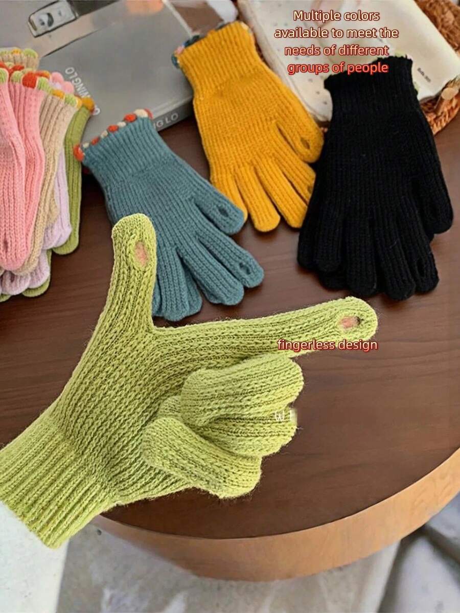 Sarung Tangan Rajut Layar Sentuh Renda Trim Warna-warni Wanita, Sarung Tangan Wol Bergaris Warna Kontras yang Lucu untuk Musim Gugur/Dingin, Perjalanan Sehari-hari, Bersepeda di Luar Ruangan, Perlindungan dan Kehangatan dari Dingin, 1 Pasang Sarung Tangan Pengunci Suhu Penghangat Pergelangan Tangan