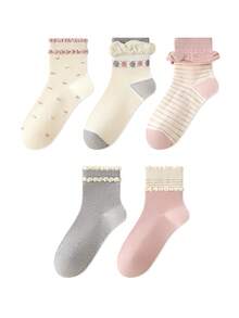 ZUJO 5 Pairs Sweet Women's Lace Mid-Calf Socks, Striped & Ditsy Floral Pattern, Simple Comfortable Breathable, Suitable For Spring, Autumn, Winter Wear - Multicolor - View 7