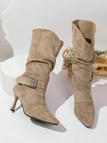 NANBEI ZUO Removable Ankle Strap Buckle Decoration Women's Sleeve Pleated Boots Pointed, Slim High Heels, Single Lining, Mid Top Boots, Versatile For Daily Use - Khaki - View 1