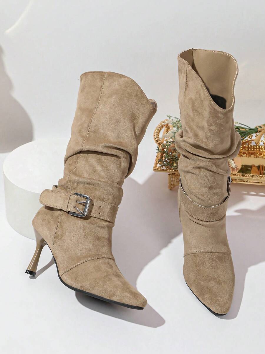 NANBEI ZUO Removable Ankle Strap Buckle Decoration Women's Sleeve Pleated Boots Pointed, Slim High Heels, Single Lining, Mid Top Boots, Versatile For Daily Use - Khaki - View 1