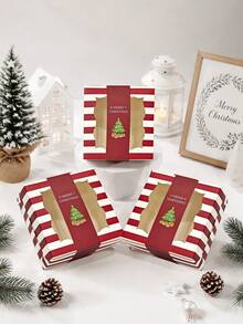 5pcs/10pcs Christmas Striped Window Boxes, Red & Green Christmas Snack Boxes With Santa Claus Tree And Merry Christmas Labels, Holiday Square Gift Boxes, Party Favor Packaging - View 1