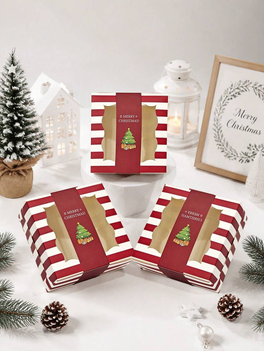 5pcs/10pcs Christmas Striped Window Boxes, Red & Green Christmas Snack Boxes With Santa Claus Tree And Merry Christmas Labels, Holiday Square Gift Boxes, Party Favor Packaging - View 1