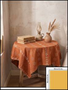1pc Orange-Red Background White Flower Geometric Embroidered Tablecloth, Vintage Pastoral Style Fabric Material, Round Floral Vine Embroidery Detail Decoration, Home Use Round Tablecloth Suitable For Daily Home And Vintage Dining Table Arrangement - Orange - View 12