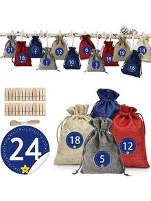 24Pcs 24Days Christmas Advent Calendar Bags Countdown, Burlap Drawstring Gift Sacks With Number Stickers Wooden Clips & Rope, Xmas 24‑Day Countdown Treat Pouch For Holiday Party Decor Gift Storage - Multicolor - View 7