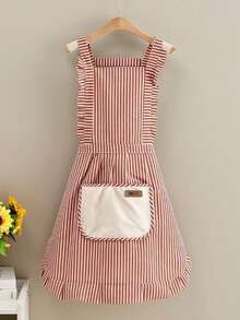 1pc Personalized Ruffle Apron, Adjustable Striped Kitchen Apron (With Pockets), Customized Baking Apron, Farmhouse Kitchen Accessory, Vintage Women'S Apron, Home Cooking Apron, Barista Apron, Handmade Style Kitchen Gift, Housewarming Gift - Multicolor - View 8