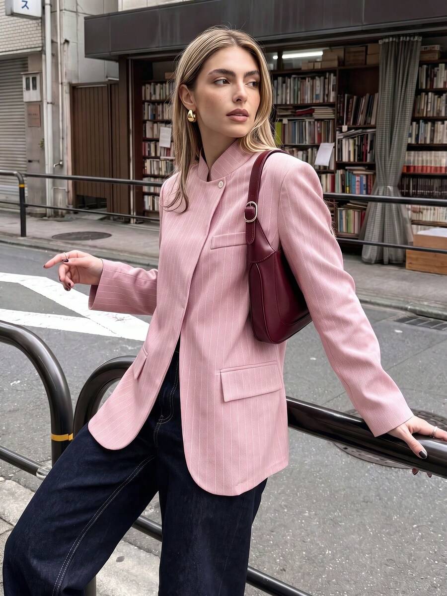 Women's French Gentle Style Pink Stand Collar Asymmetric Button Loose Silhouette Casual Striped Blazer Fall