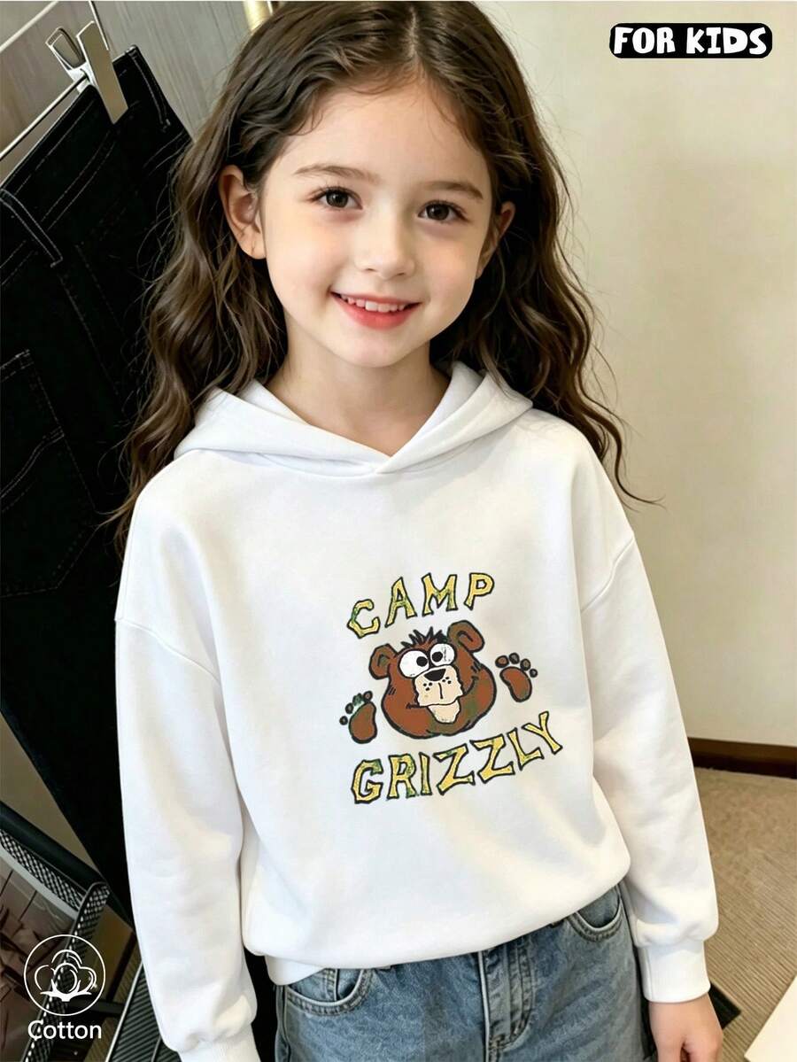 Children's Cartoon Bear Print Hooded Sweatshirt - Loose Casual Pullover For Boys And Girls, Suitable For Daily Wear In Spring And Autumn - White - View 1