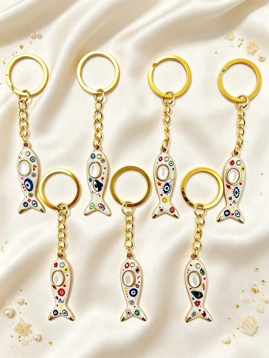 1/7pcs Vintage Evil Eye Fish-Shaped Keychain, Cute Personalized Colorful Painted Fish-Shaped Keychain Enamel Pendant Bag Charm, Niche Creative Accessory, Gift Small Ornament Car Key Chain, Friend Bestie Couple Keychain Key Ring - Multicolor - View 1